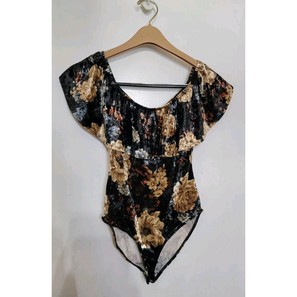 Charlotte Russe Velvet Off the Shoulder BodySuit Blk Florals Small Y2K‎ 90S